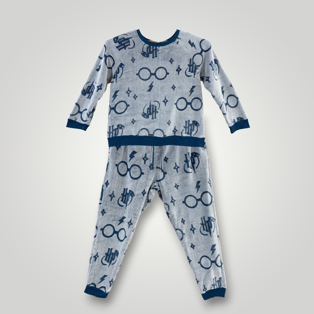 Harry Potter Wizarding World Fleece Pajama Set Grey Blue XL Glasses Lightning